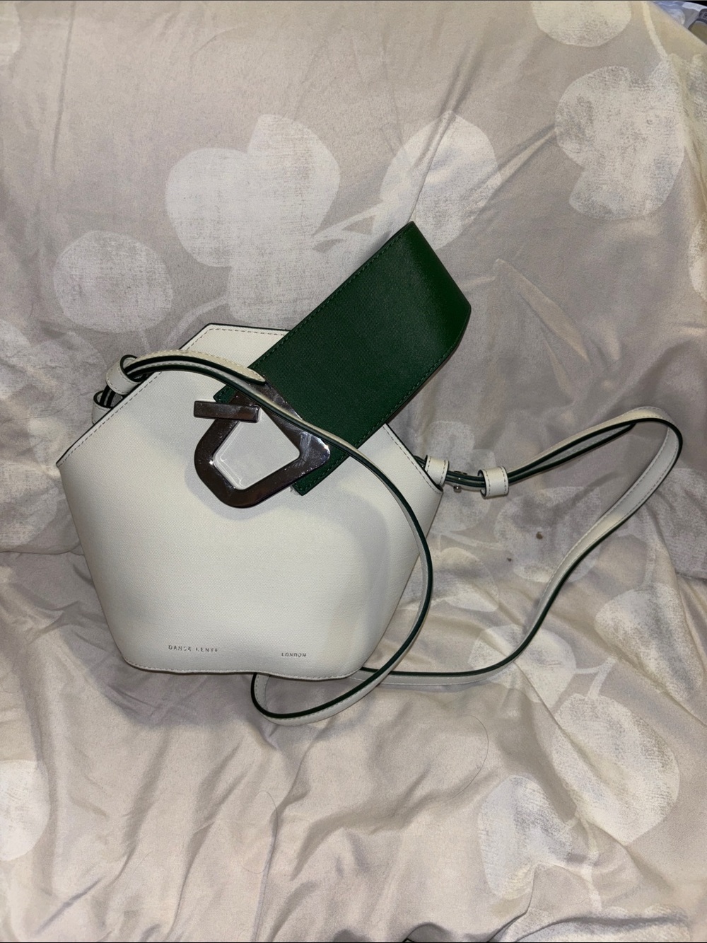 White Crossbody Bag with Green Accent Strap